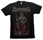 Black t-shirt with a graphic design of a satanic figure and text on a white background
